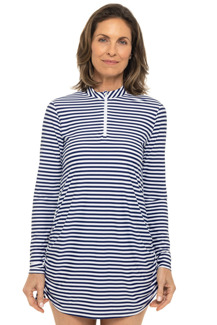Women's Ruche Swim Top | White/Navy Stripe position-2