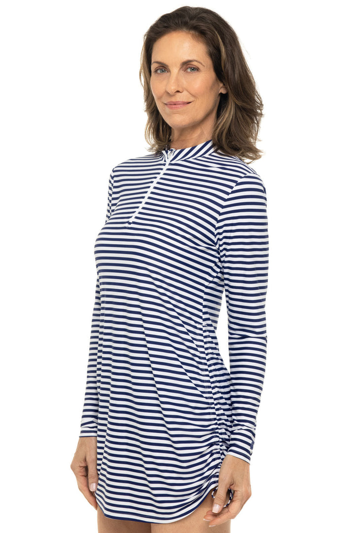 Women's Ruche Swim Top | White/Navy Stripe position-4