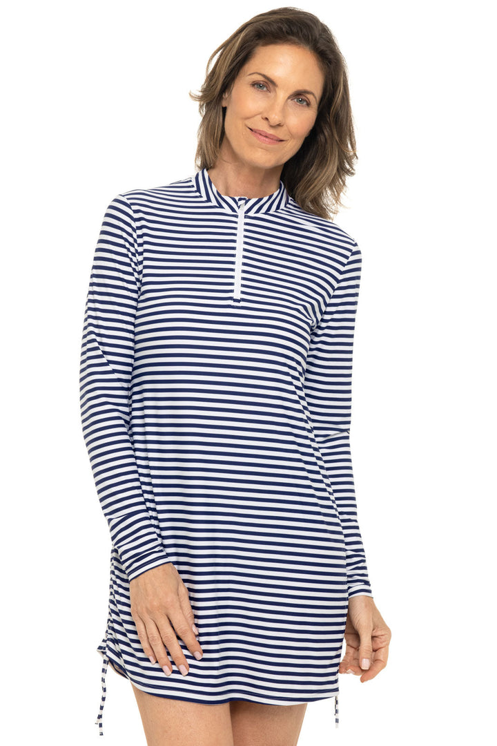 Women's Ruche Swim Top | White/Navy Stripe position-1