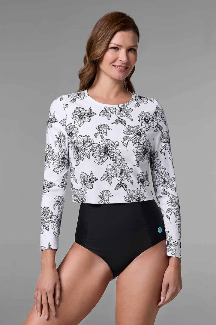 Women's Cropped Rash Guard | White/Black Perfect Peony position-1