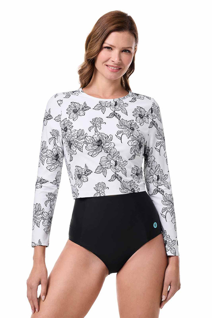 Women's Cropped Rash Guard | White/Black Perfect Peony position-2