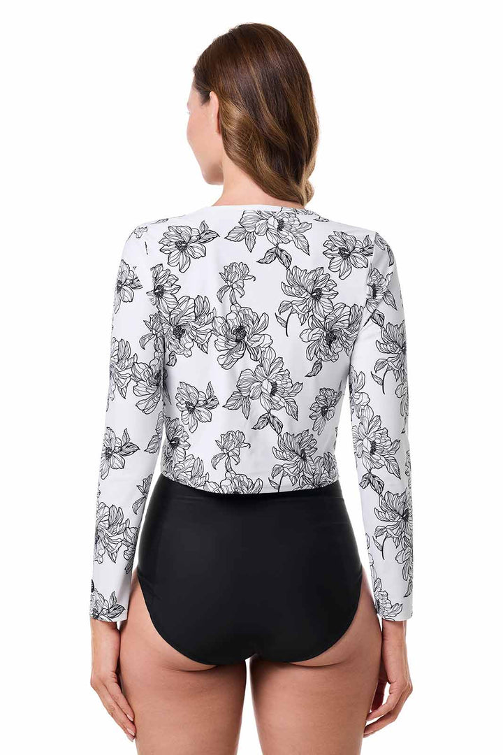 Women's Cropped Rash Guard | White/Black Perfect Peony position-4