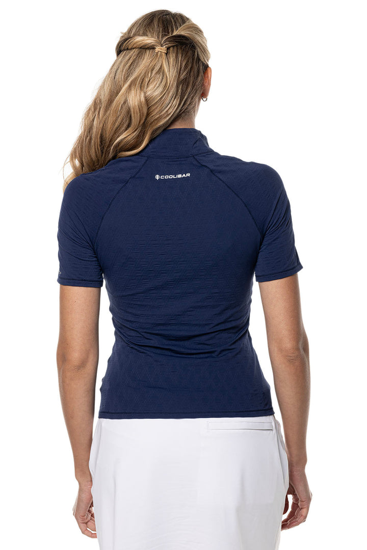 Women's Short Sleeve Golf Top with Mock Neck | Navy Diamond Jacquard position-2