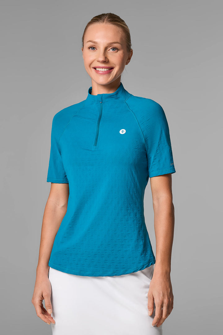 Women's Short Sleeve Golf Top with Mock Neck | Bluejay Diamond Jacquard position-1