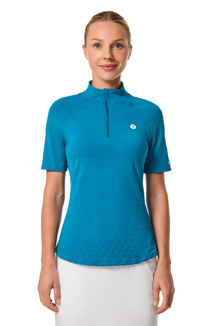 Women's Short Sleeve Golf Top with Mock Neck | Bluejay Diamond Jacquard position-2