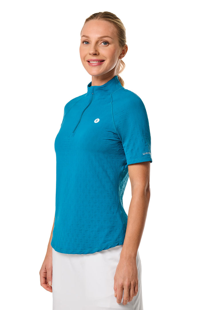 Women's Short Sleeve Golf Top with Mock Neck | Bluejay Diamond Jacquard position-3