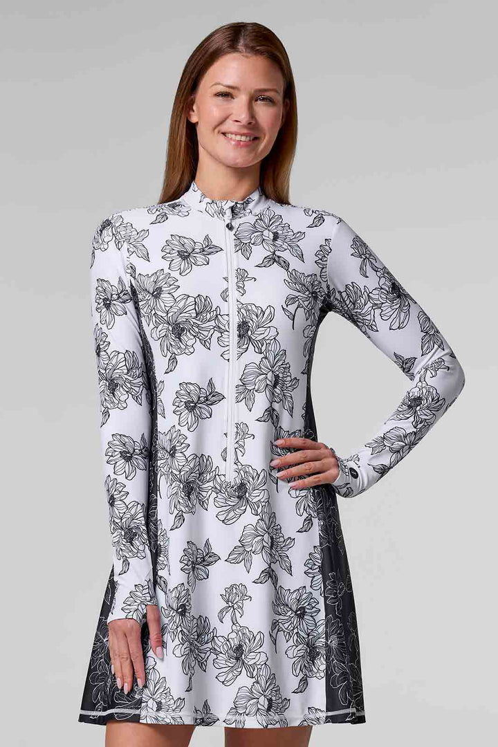 Swim Dress with Long Sleeves | White/Black Colorblock position-2