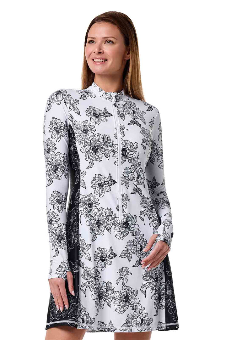 Swim Dress with Long Sleeves | White/Black Colorblock position-5