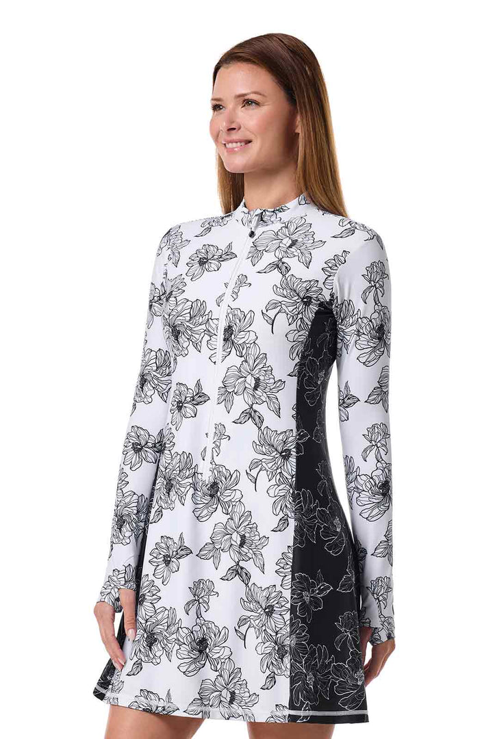 Swim Dress with Long Sleeves | White/Black Colorblock position-3