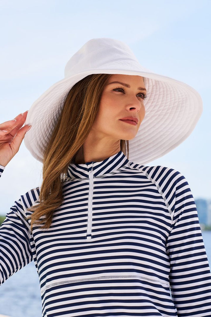 Women's Ruche Long Sleeve Swim Shirt | White/Navy Stripe position-12